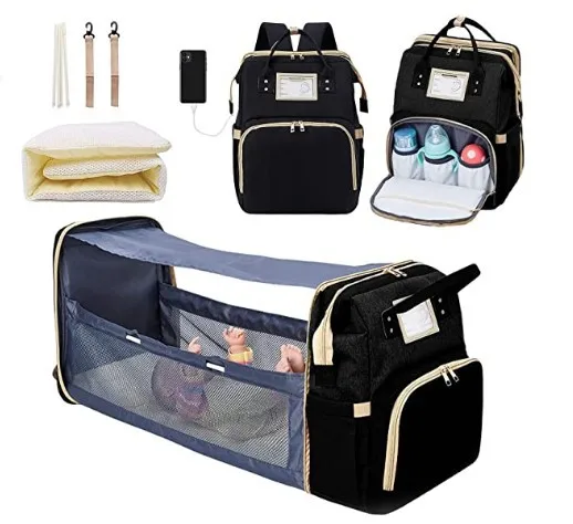 

2 in 1 Large Capacity Safe Mommy Baby Backpack Outdoor Hiking Travel Waterproof Changing Diaper Bag with bassinet for women, Black/gray