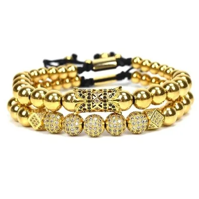 

18K Gold Plated Micro Paved CZ Copper Beads Macrame Bracelet Adjustable Braided Cubic Zirconia Charm Beads Crown Bracelet