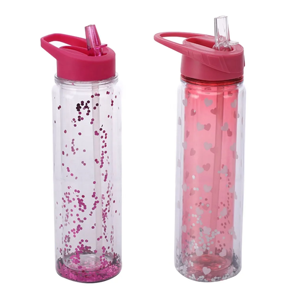 

wholesale recycled glitter clear plastic drinking water bottle double wall slim water bottle with long straw, Any color is available
