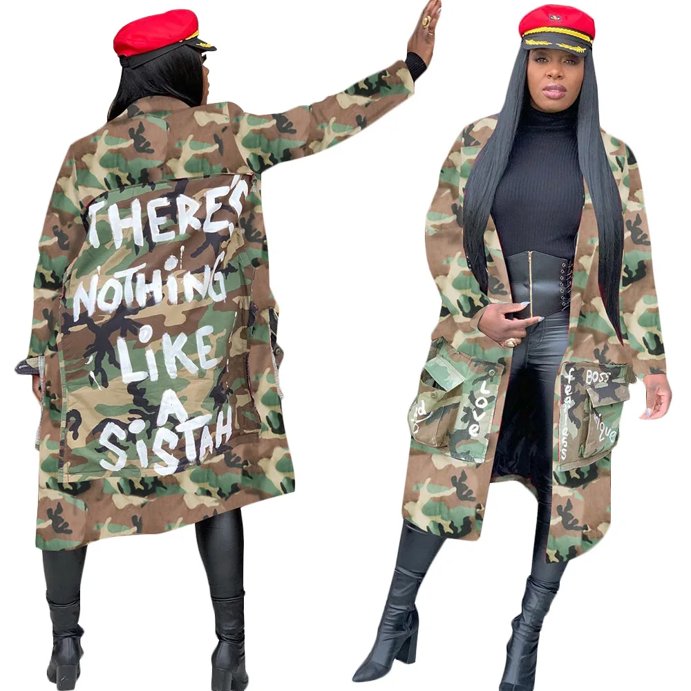 

Women's long casual fashion camouflage printed patch coat jacket