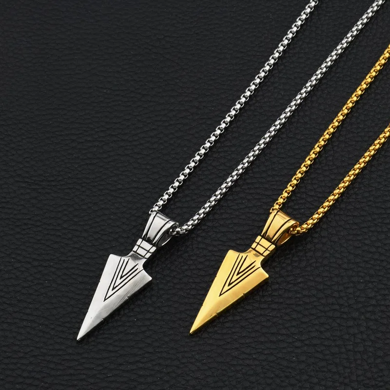 

Vintage Stainless Steel Arrow Pendant Jewelry Hiphop Round Box Chain Spearhead Male Necklace Punk Arrowhead Necklace for Men