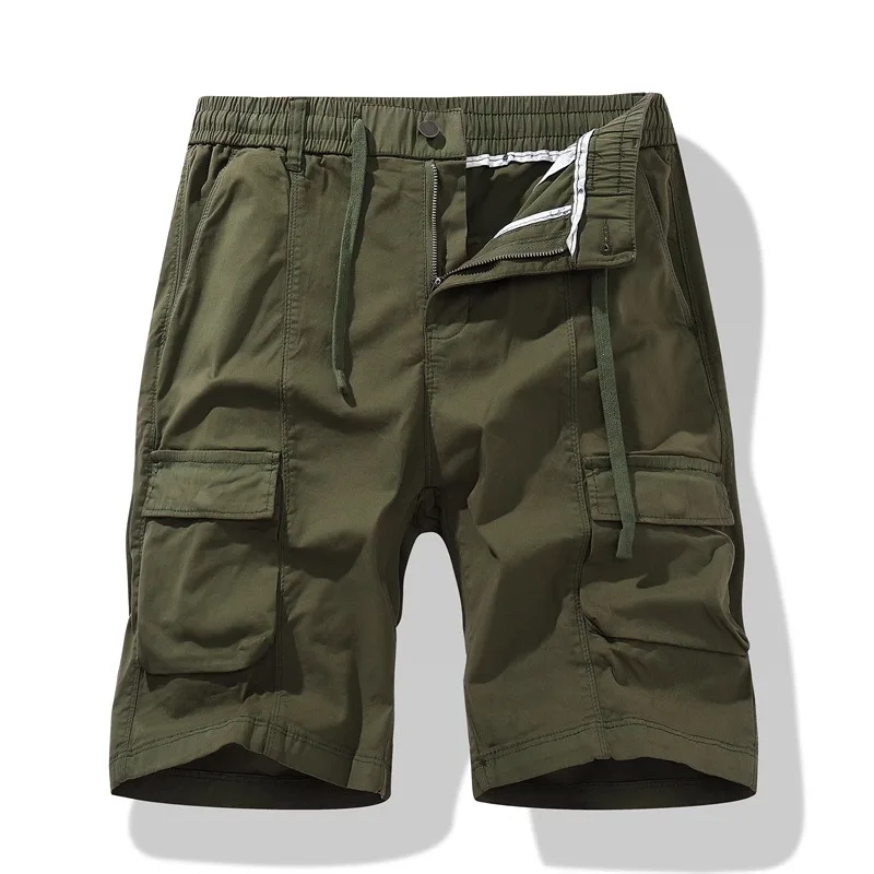 

2024 Elastic Drawstring Waist Cotton Sport Cargo Shorts Men knee length Casual streetwear Mid Workout Summer bermuda short pants