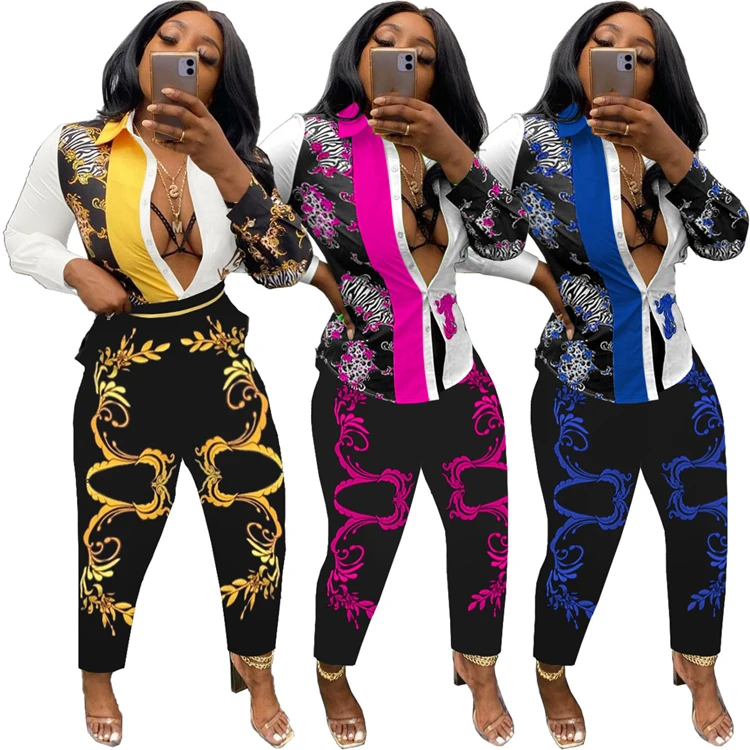 

New Arrival 2021 Printing Long Sleeves Stylish Two Piece Shirt Set Fall Two Piece Sets For Women