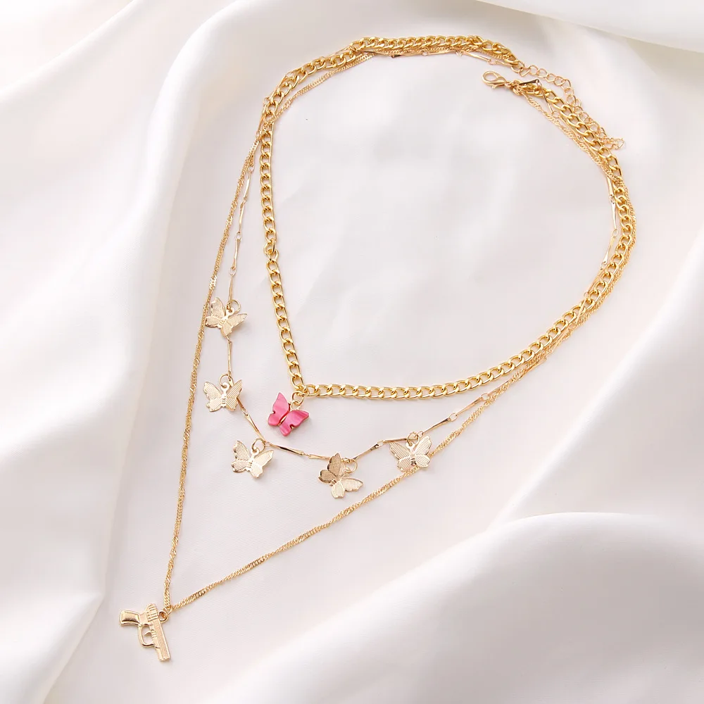 

Wholesale Fashion Butterfly Charm Necklace Gold Plated Gun Necklace For Women