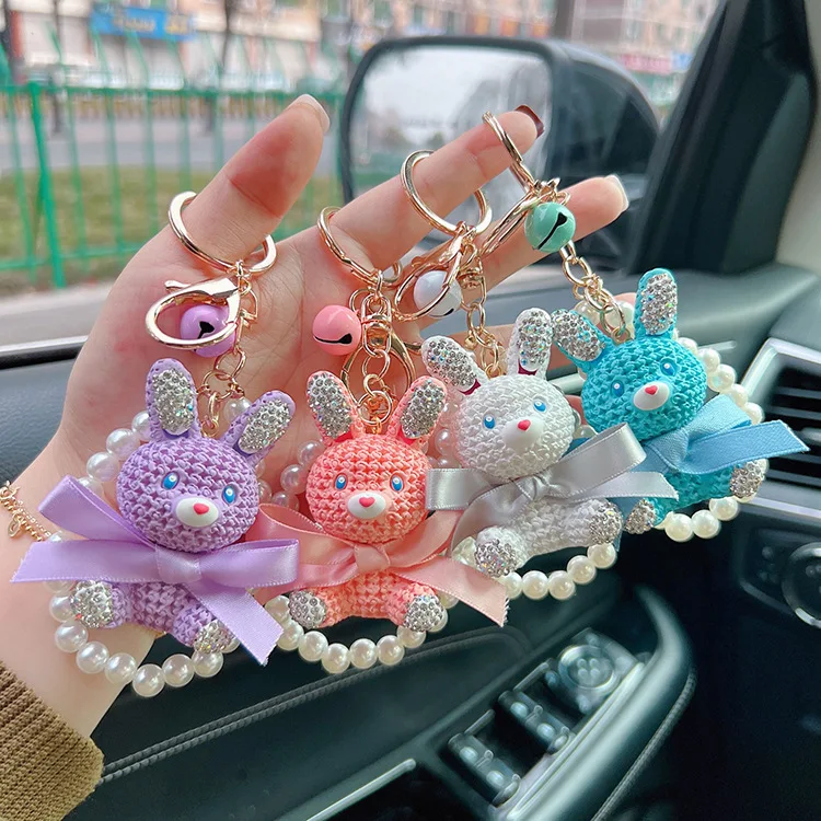 

keyring Resin Rabbit Keychain Pearl Chain Cartoon Doll Car Keychain Diamond Bag Charm Candy Color Rabbit Keyring