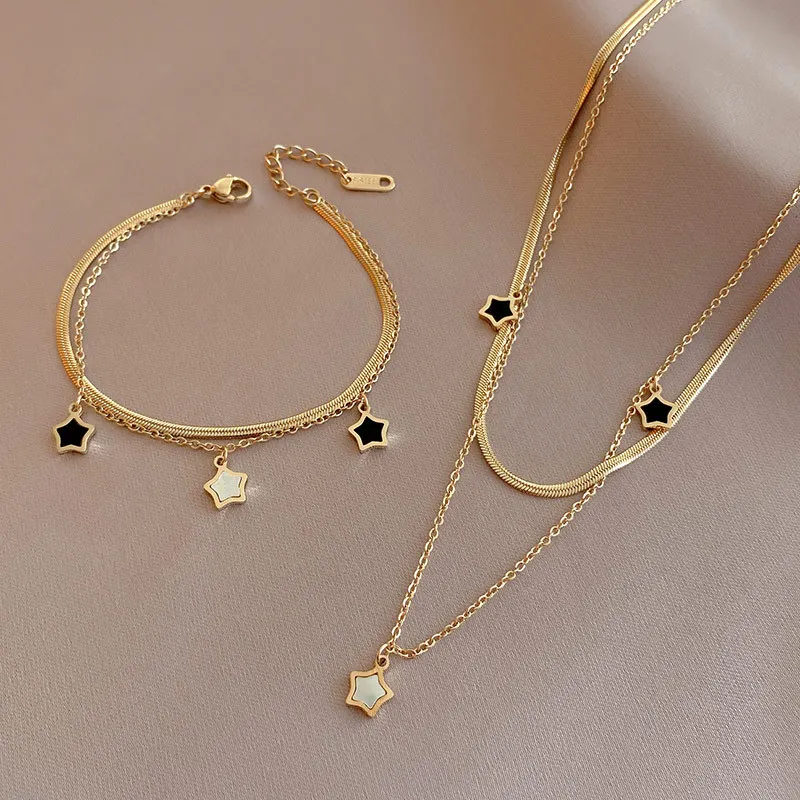 

Classic 14K Gold Plated Double Layer Stainless Steel Star Bracelet Necklace Jewelry Set Minimalist Snake Bone Chain