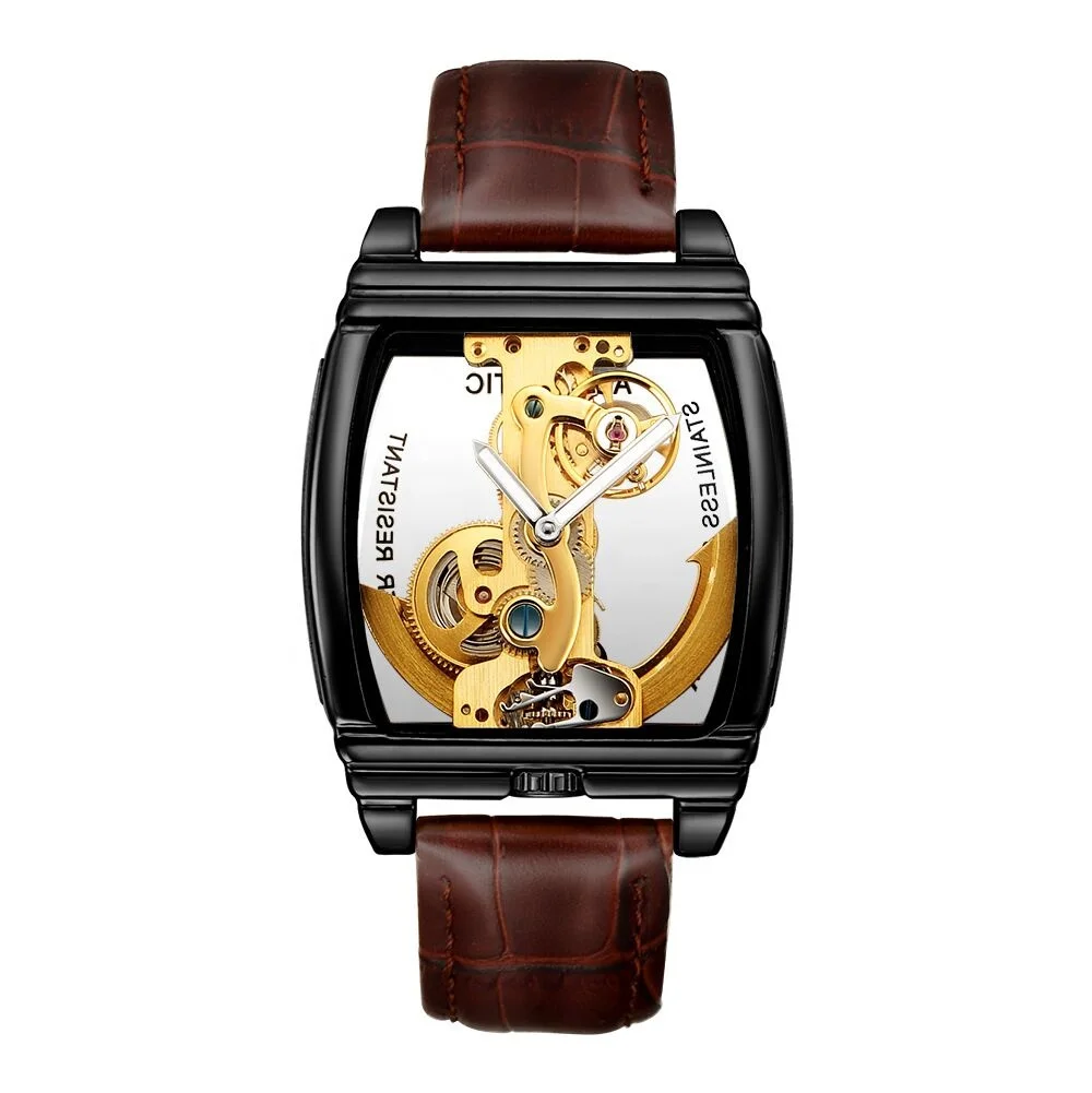 

China Single bridge Mechanical Movement Luxury Skeleton Square Men watches
