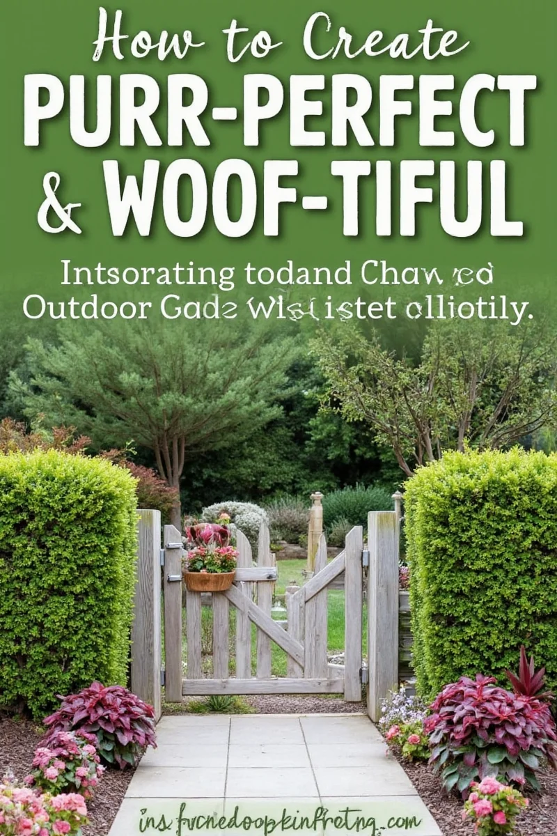 A dog and cat relaxing in a well-designed backyard garden with a decorative gate