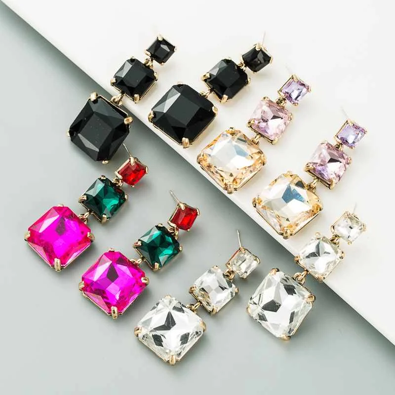 

Fashion rhinestone square Geometric drop earrings 925 silver needle hypoallergenic earrings for party, Multicolor