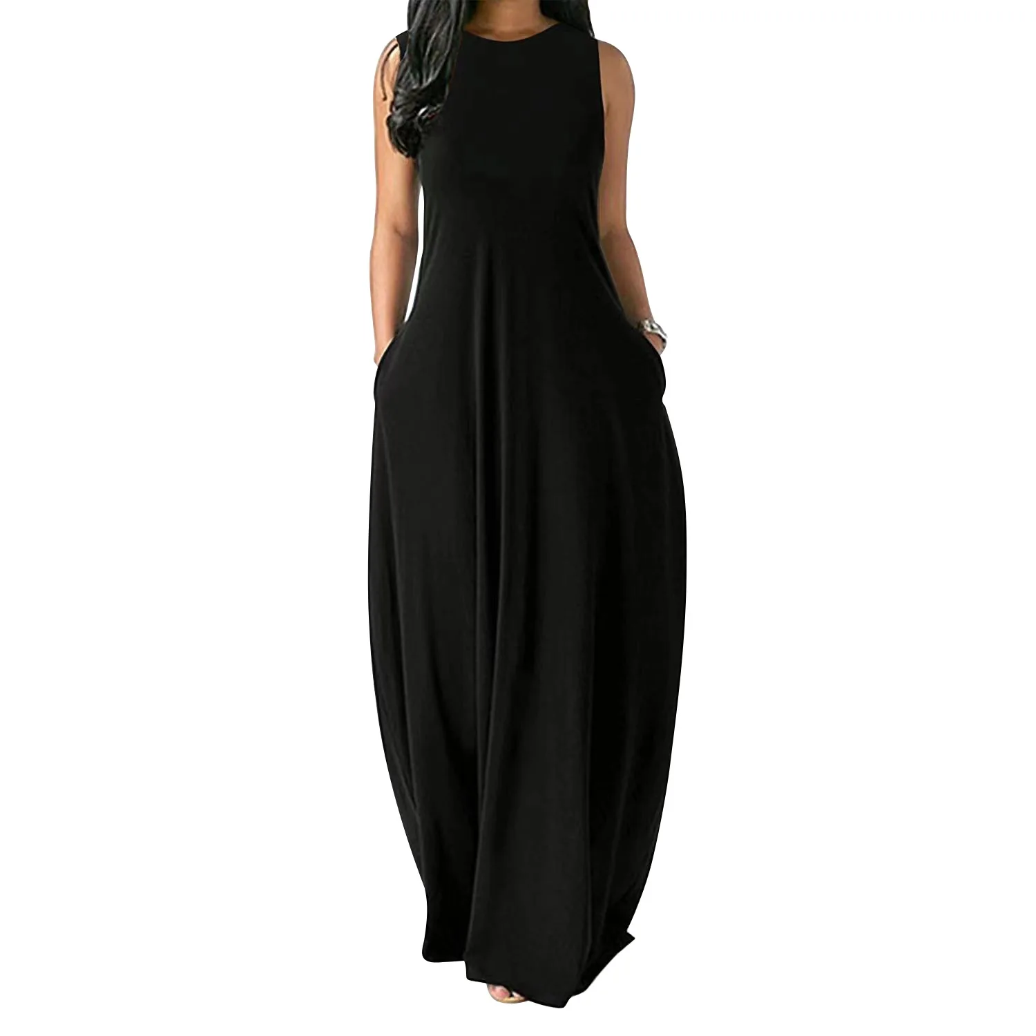 

QJX fall relaxation loose sleeveless pure color long modest round neck maxi dress ladies