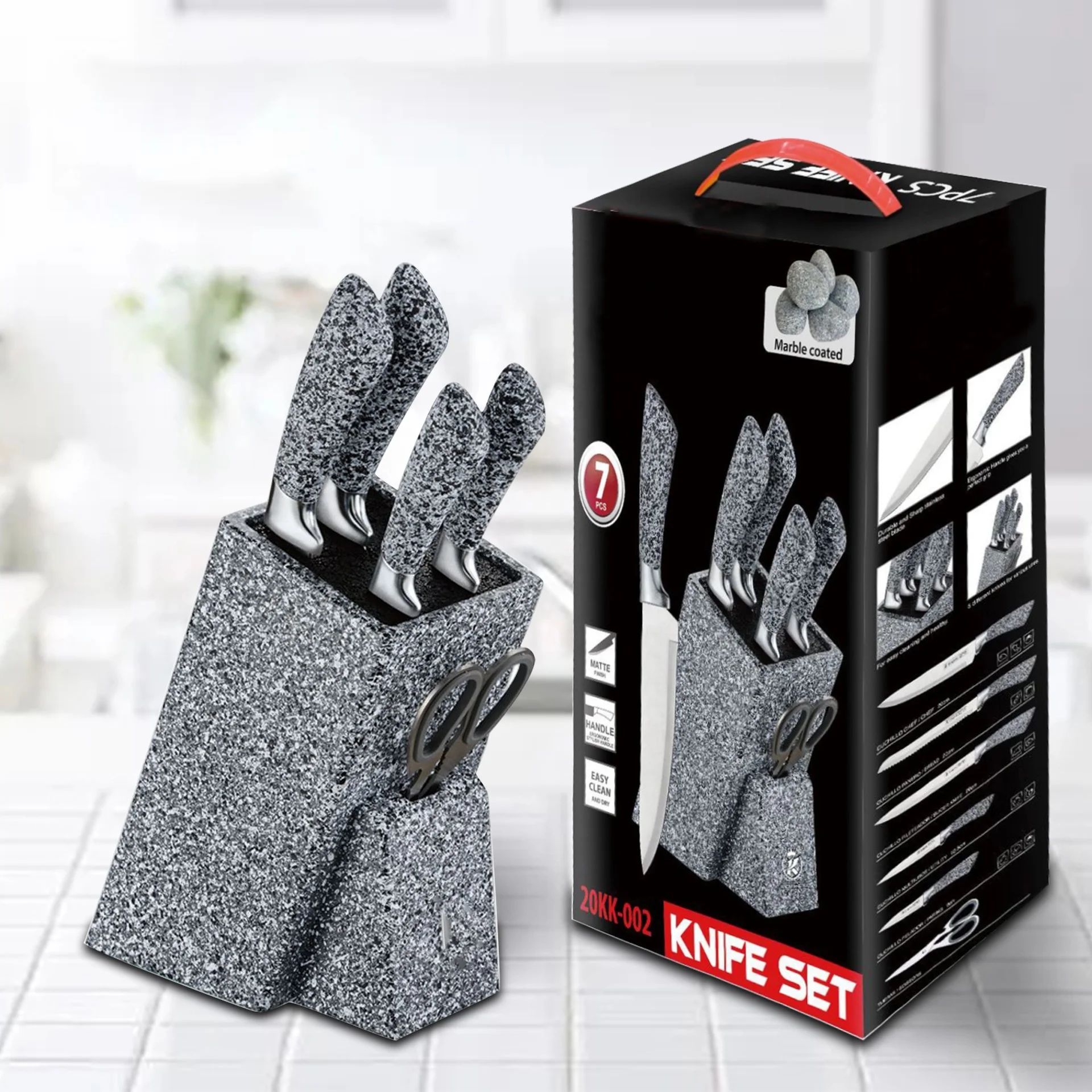 

Kitchen Knife Set Stainless Steel Design Knife Block Set Gift Box Marble Pp Handle 7 Pcs Over Eight-piece Set Packaging 3-5 Days