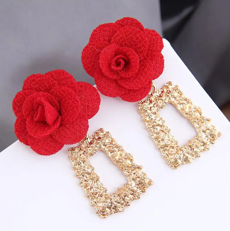 

New Bohemian Vintage Cloth Flower Gold Square Drop Earrings Long Geometric Red Pink Flower Dangle Earring