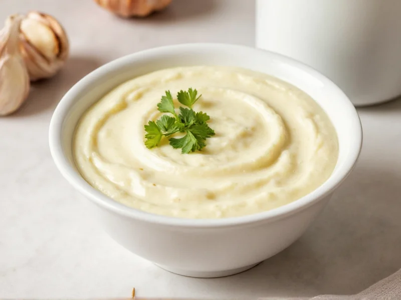 Creamy homemade garlic aioli in white bowl with garlic cloves