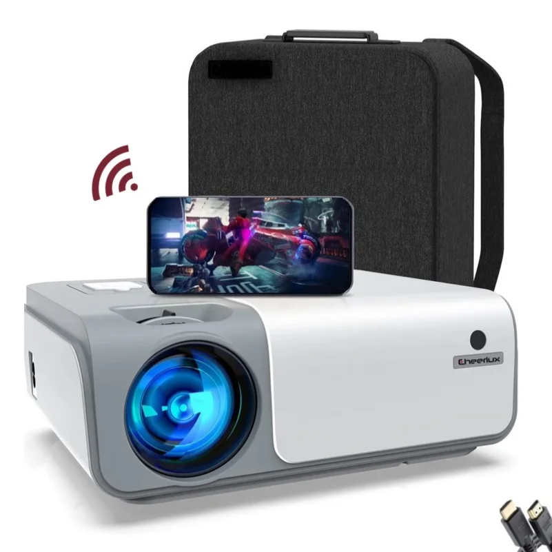 

Cheerlux WiFi Smart Phone Mobile BT Projector 5G Wireless Full HD 1080P Beamer for Home Theater Outdoor Proyector with Backpack, Black white