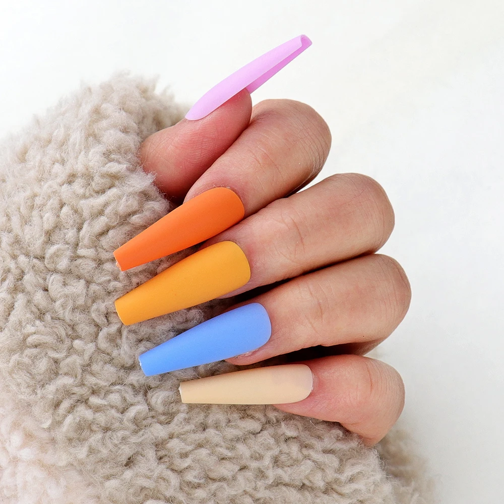 

100Pcs/Set Long Ballerina Coffin Nails ABS Full Cover Fasle Nails Colorful Matte Nail Art Tips, Picture