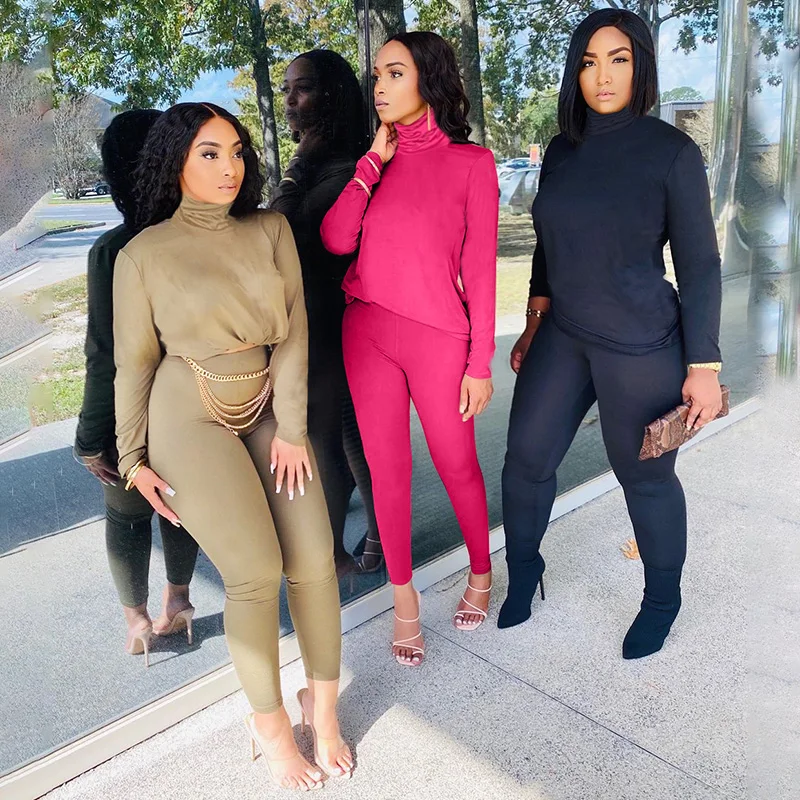 

Colorful Long Sleeve Turtleneck Crop T Shirt Top Elegant Leggings Pant Women Warm Fitness Workout Stretchy Wear Two Piece Set