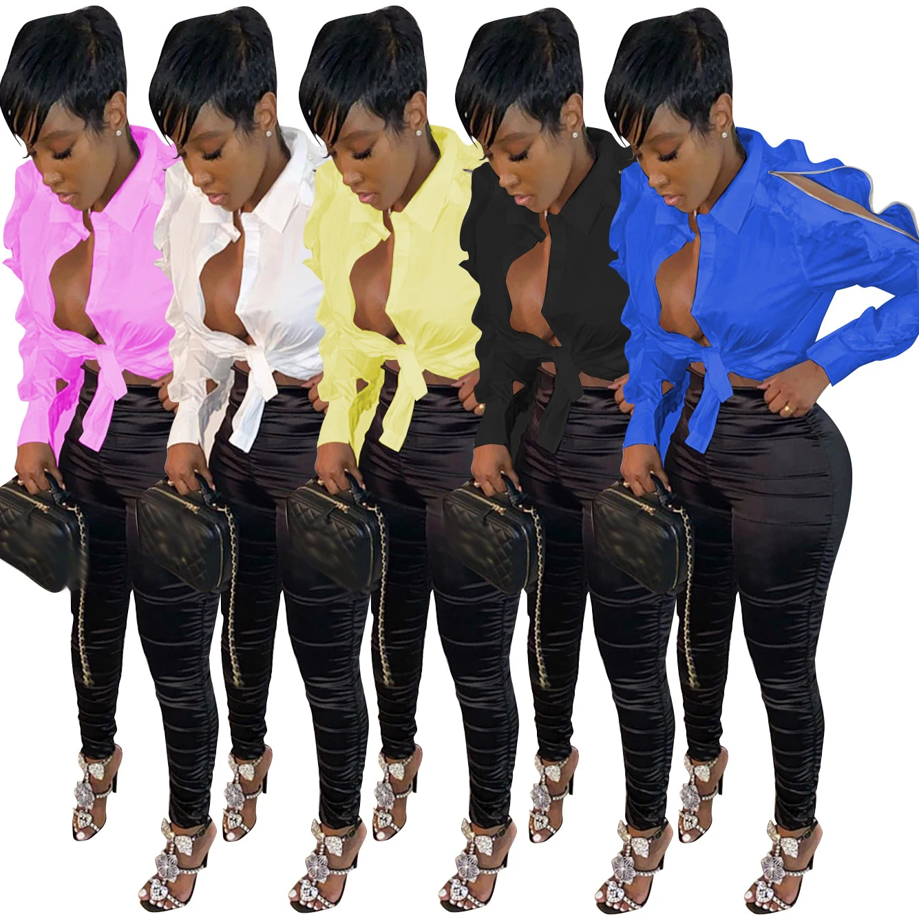 

New hot sale M6243 women fashion trendy casual long ruffles sleeve blouse
