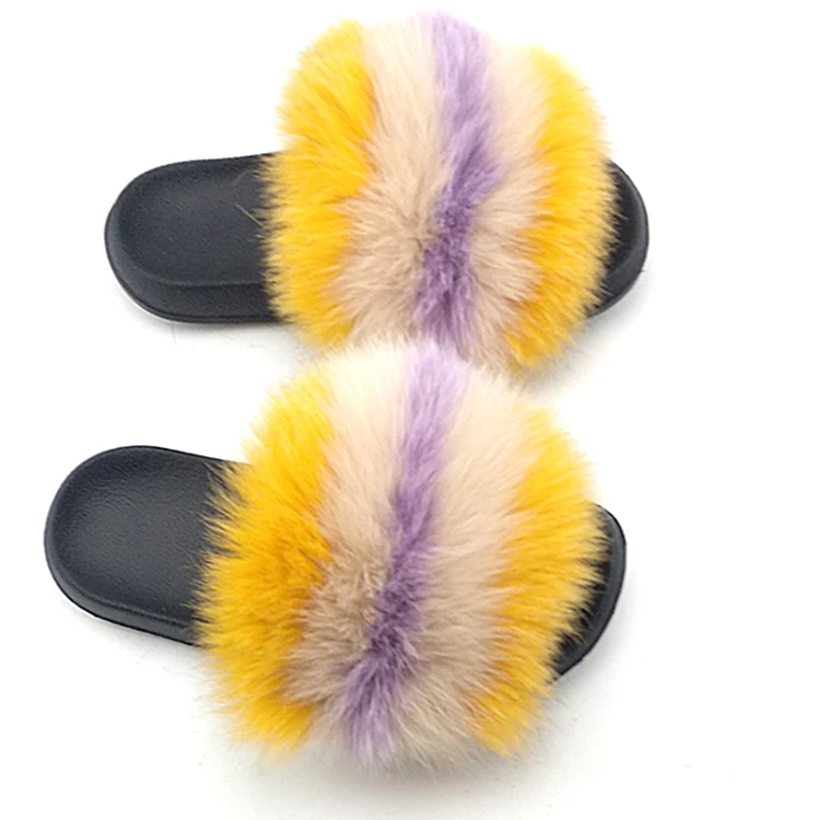 

Wholesale kid lady real fuzzy fur scandal fluffy pink fur slides fox raccoon fur slides for women, Customized color