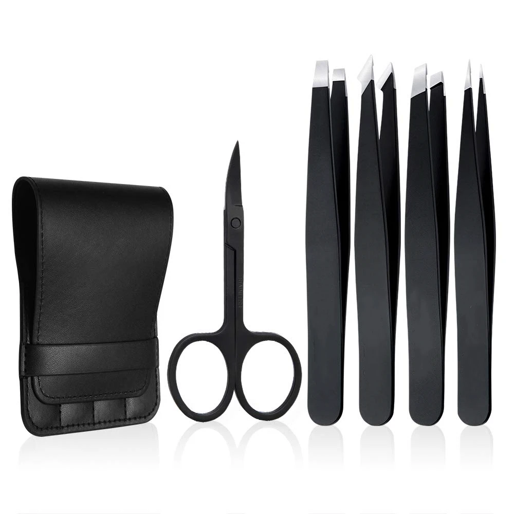 

Amozon Hot Sell Eyebrow Tweezers Set 5 PCS in A Set Professional Stainless Steel Eyebrow Tweezers Kit for Women/Men, Black