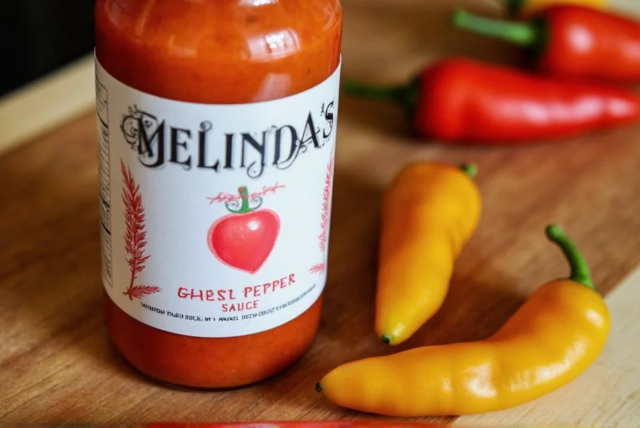 Close-up of Melinda's Ghost Pepper Sauce bottle next to fresh ghost peppers on wooden cutting board