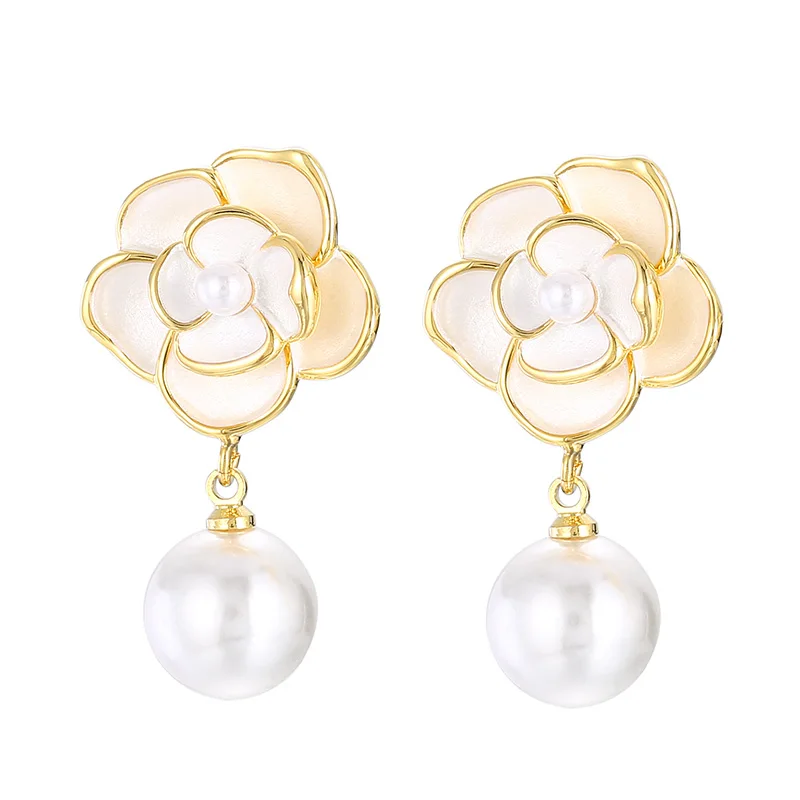 

Kalen Elegant White Enamel Camellia Flower Earrings Brass Imitation Pearl Earrings