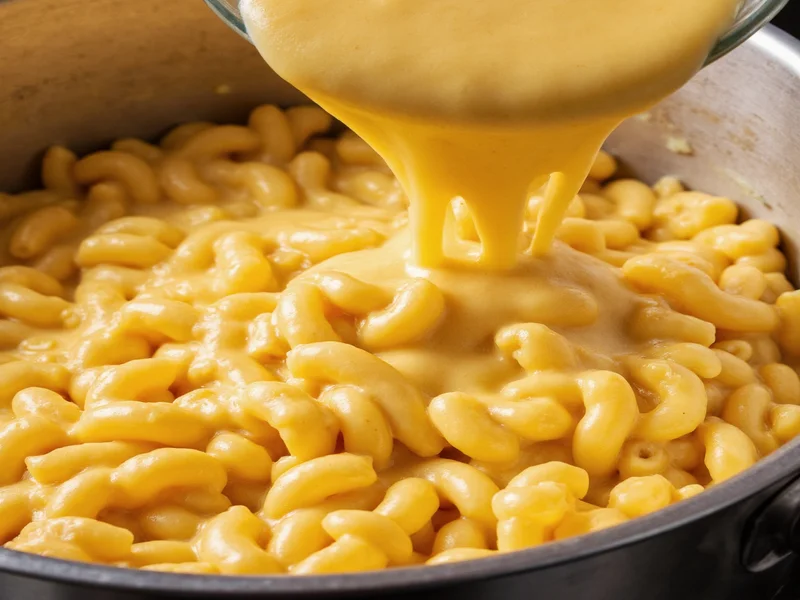Creamy mac and cheese sauce being poured over pasta in stainless steel pot