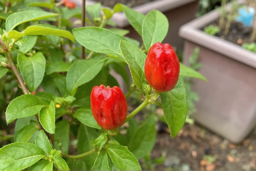 Tasmanian Devil chili plant showing small wrinkled red pods growing on bushy plant in container garden