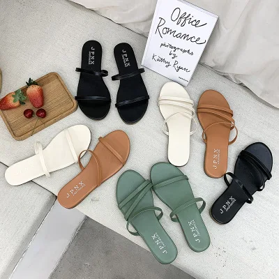 

HLS211 fashion new style open-toe flat shoes plain comfy beach thin belt sandals slippers, Orange, black, green, beige