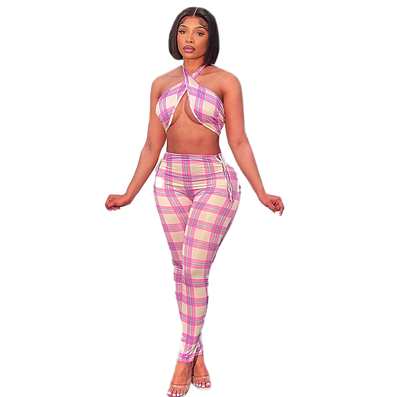 

2021 New Arrivals Two Piece Set Women Clothing Plaid Cross Halter Crop Top Elastic Waist Slim Fit Casual Two Piece Pants Set