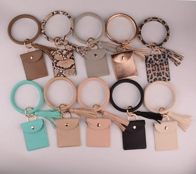 

Key Ring Bangle Mini Clutch Wallet Personalized Fashion PU Leather Wristlet Wallet, Black, leopard, grey, mint etc