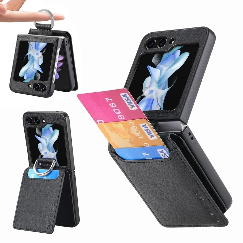 

For Samsung Galaxy Z Flip5 JUNSUNMAY Leather Skin PC Folding Mobile Phone Case with Pen Slot Wallet Function