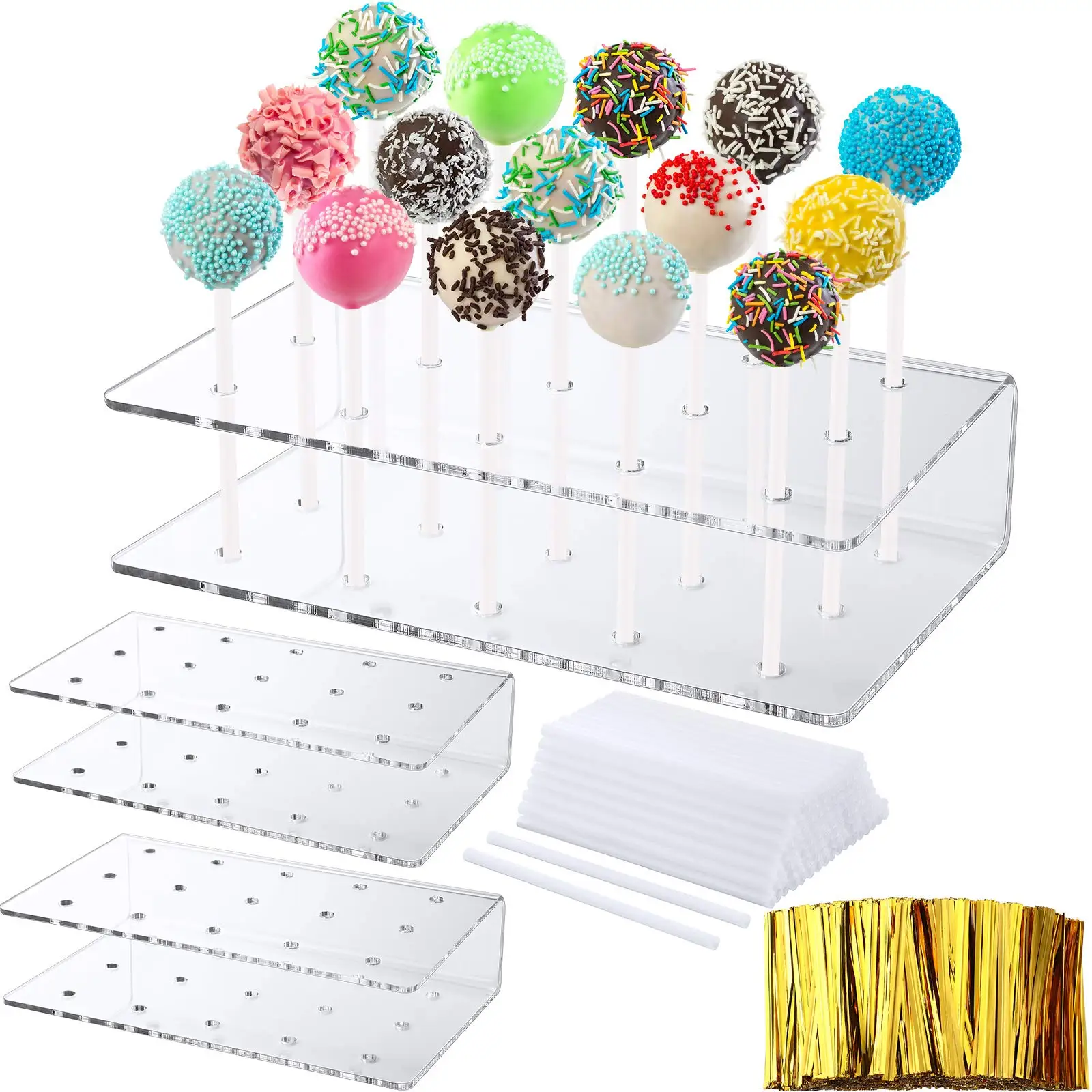 

Tailai Acrylic Cake Pop Stand 15 Holes Clear Lollipop Holder Stand with Lollipop Treat Sticks Gold Twist Ties for Party