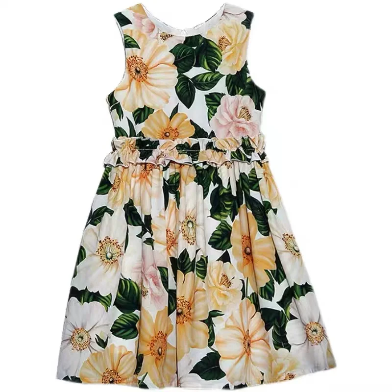 

Boutique Yellow Flower Pattern Girl Casual Kids Clothing Summer Sleeveless Breathable Baby Dress Floral Maxi Sleeveless Dress, Provide color chart