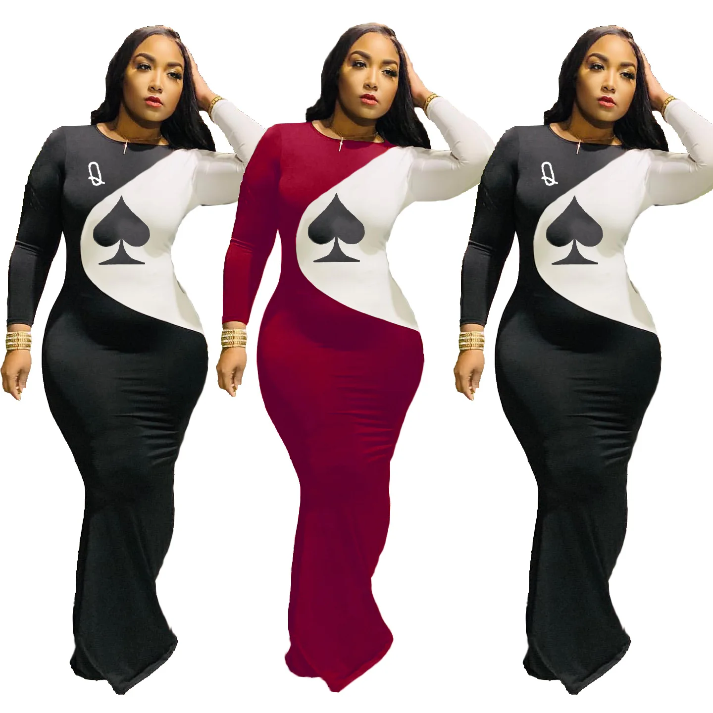 

Wholesale spadeQ long sleeve Bodycon Patchwork plus size woman lady elegant casual dress