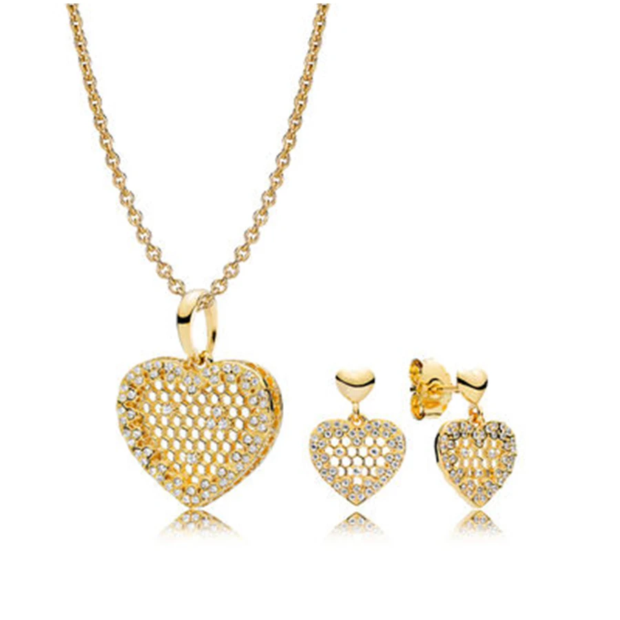 

Rx Jewelry 925 Sterling Silver New Honeycomb Heart-shaped 18 K Gold Hollow Charm Pendant Necklace With Multiple Earrings