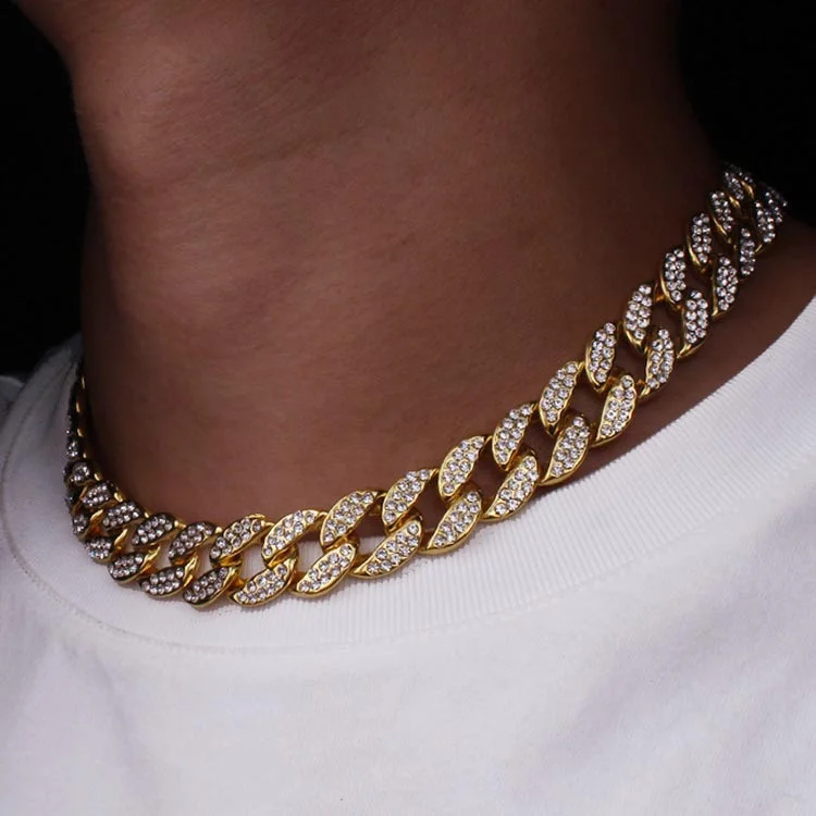 

15mm Cuban Link Chain Necklace for Men Women Iced Out Miami Collar cadena de oro de hip hop