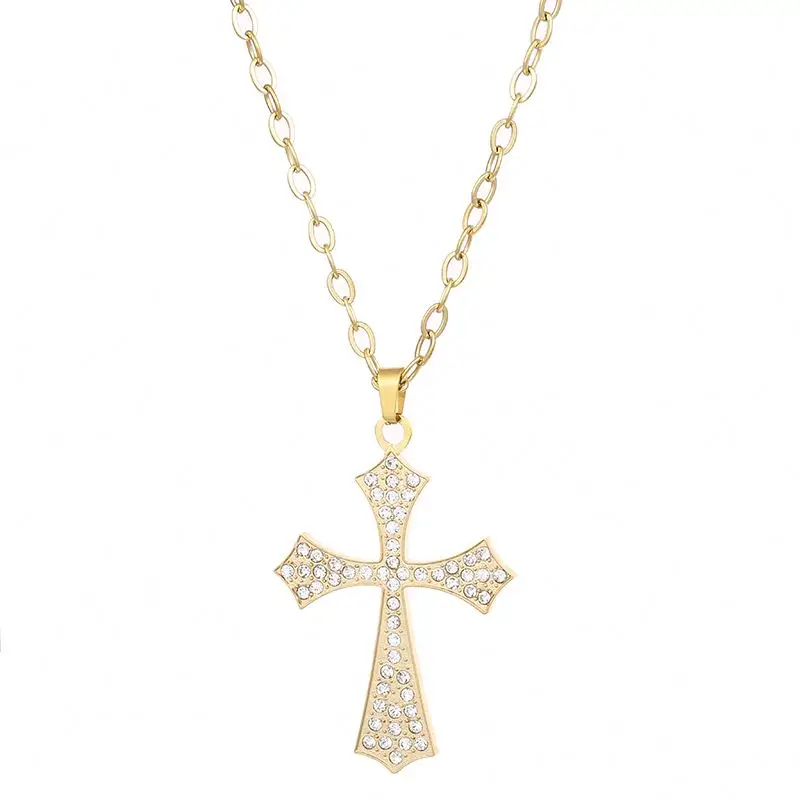 

Latest Design Hot Sale Shiny Zircons Jewelry Gold Plated Stainless Steel Big Cross Pendant Necklace, Gold color