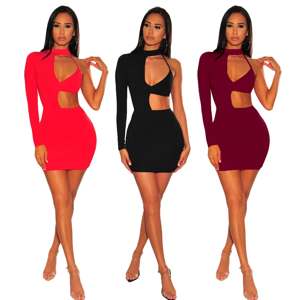 

2021 High Quality summer Solid color sexy Slim irregular hollow long sleeved dress Women Elegant Party clothes, 3 colors
