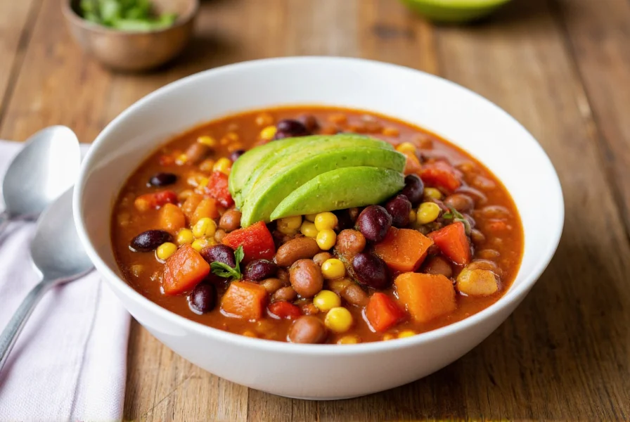 Colorful vegetarian chili with beans, sweet potatoes, and corn served in a white bowl with avocado garnish