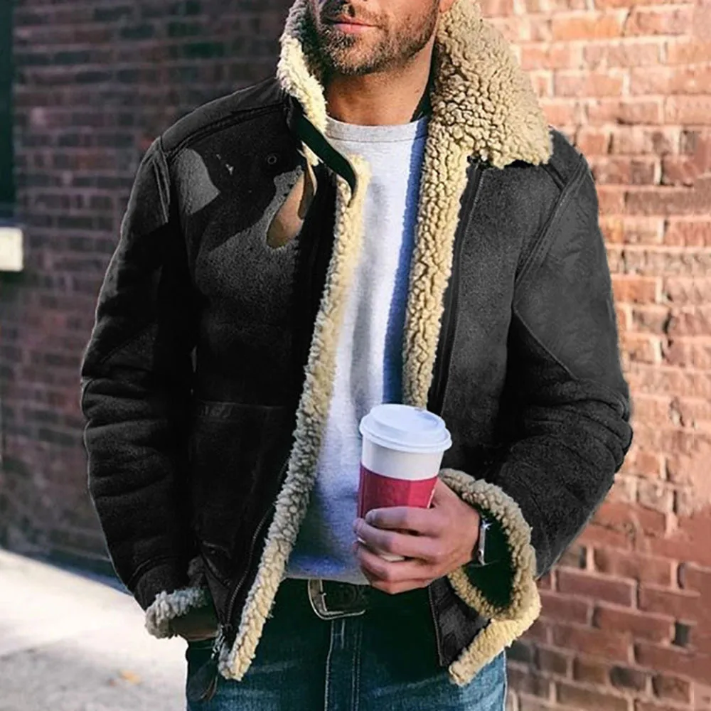 

2021 New Men's coat with faux fur and fur, short leather belt lapel
