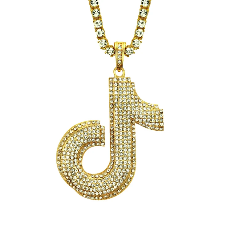 New Hot Hiphop Tik Tok Iced Out Diamond 14K Gold Music Note Pendant Necklace