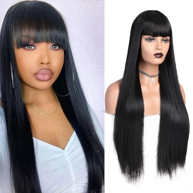 

OEM 26 Inches Long Straight Black Wig Lace Heat Resistant Synthetic Wig With Bangs Natural Hair Wig For Black Women, Pic showed