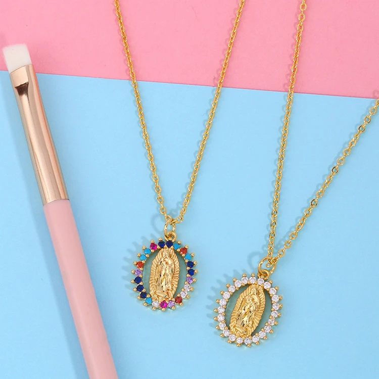 

18k Gold Necklace Jewelry Crystal Diamond Christian Necklace Catholic Virgen Mary Necklace, Picture