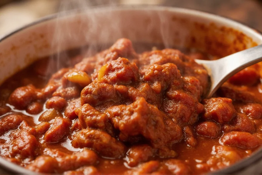 Close-up of homemade Wendy's style chili in a bowl with steam rising, showing the meaty texture and rich color