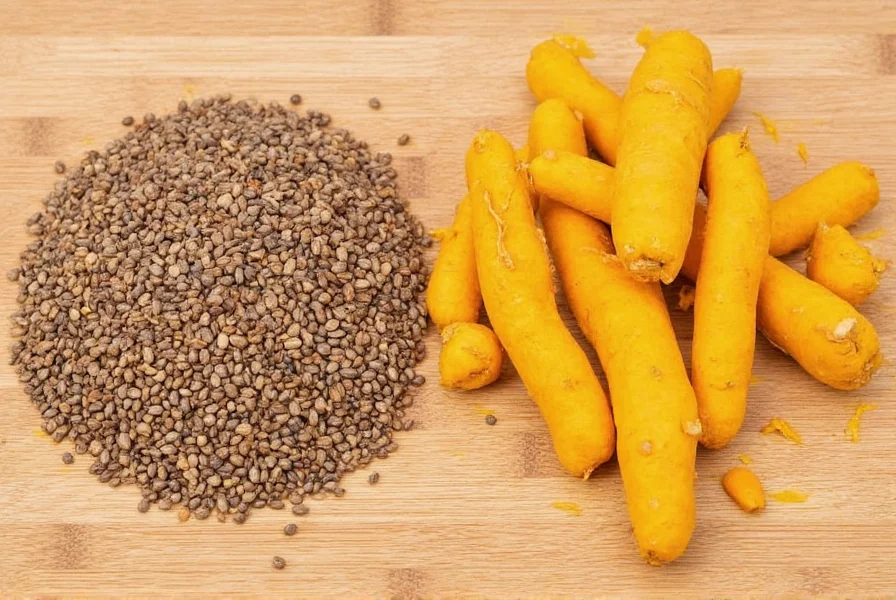 Side-by-side comparison of whole cumin seeds and fresh turmeric rhizomes on wooden cutting board