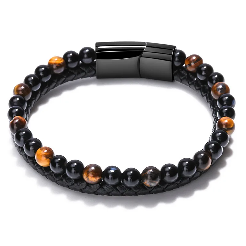 

New arrivals European and American fashion natural volcanic stone beaded bracelet hand-woven leather men's bracelet, Customized colors