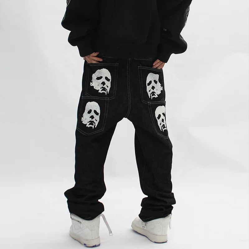 Spoof Portrait Print Denim Pants Mens High Street Funny Loose Straight-leg Pants Streetwear Casual Jeans Trousers Men