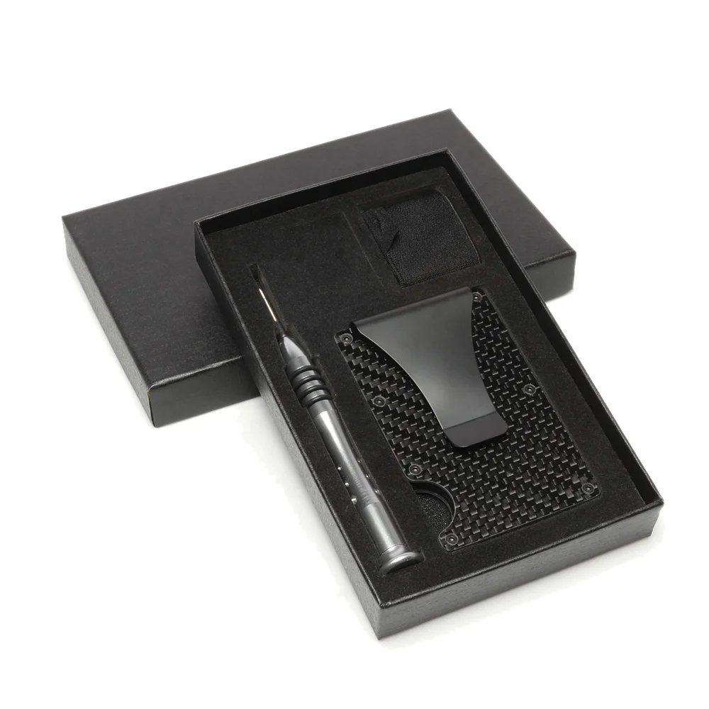 

Gift Box Packing Carbon Fiber Minimalist RFID Blocking Card Wallet Holder Metal Mens Wallet with Money Clip