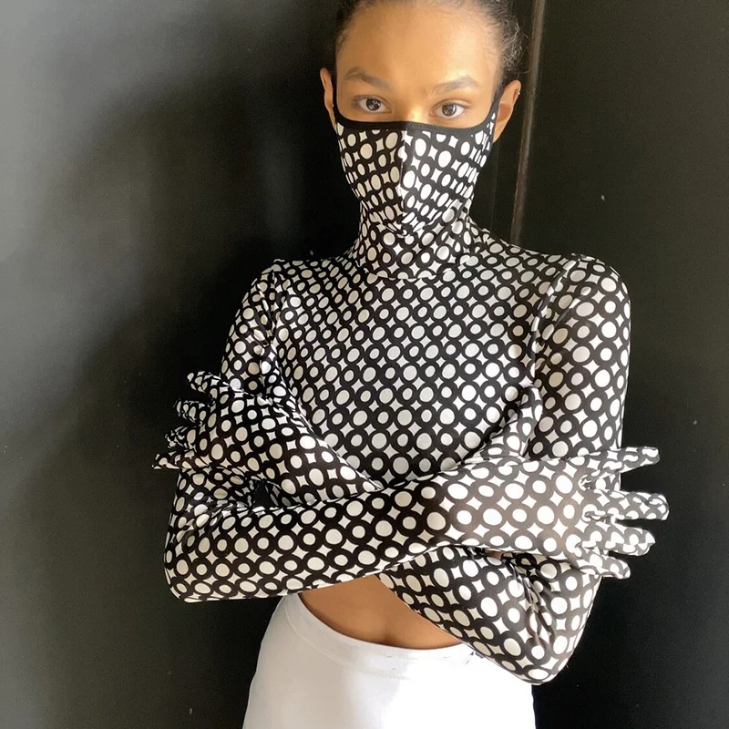 

2021 Autumn Fashion Trend Women Printed Long Sleeve High Neck Sexy Cropped Tops, Shown