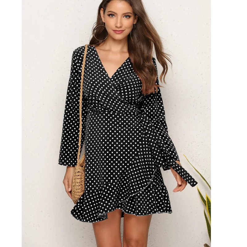 
D3411 Summer Polka Dot Lone Sleeve Womens Chiffon Casual Mini Dresses 